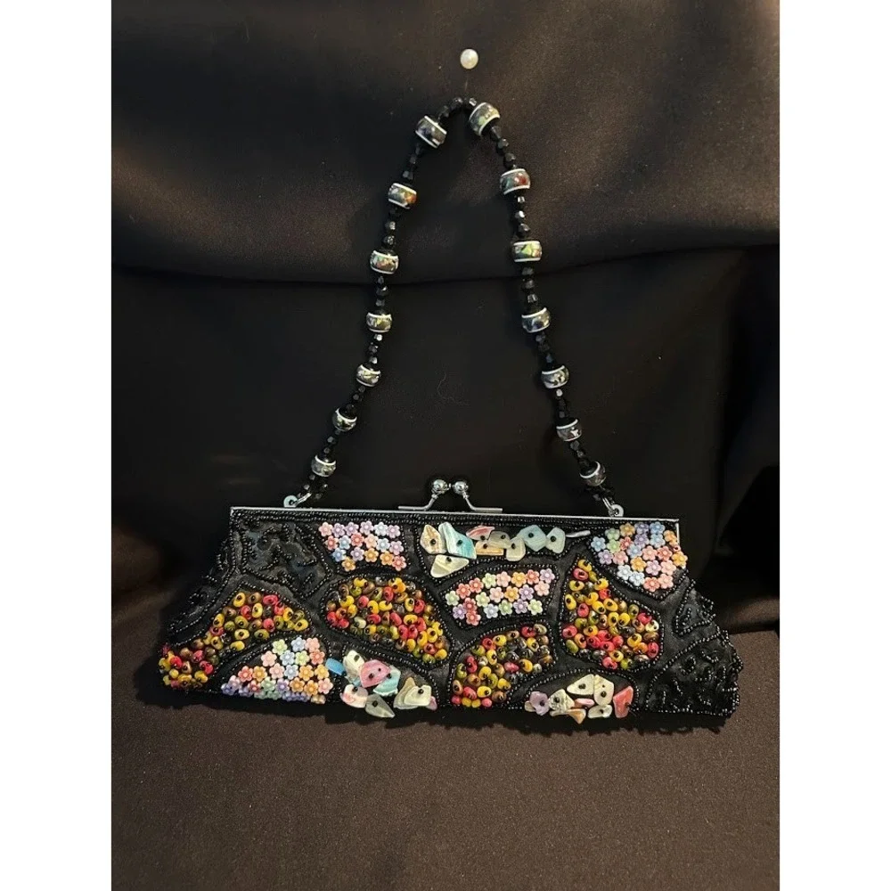 Vintage‎ Black Beaded Evening Bag Purse short and long handles